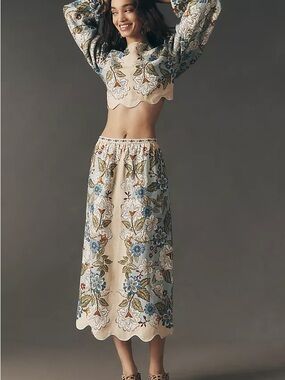 FARM Rio Garden Scalloped Linen Midi Skirt Size S NWT